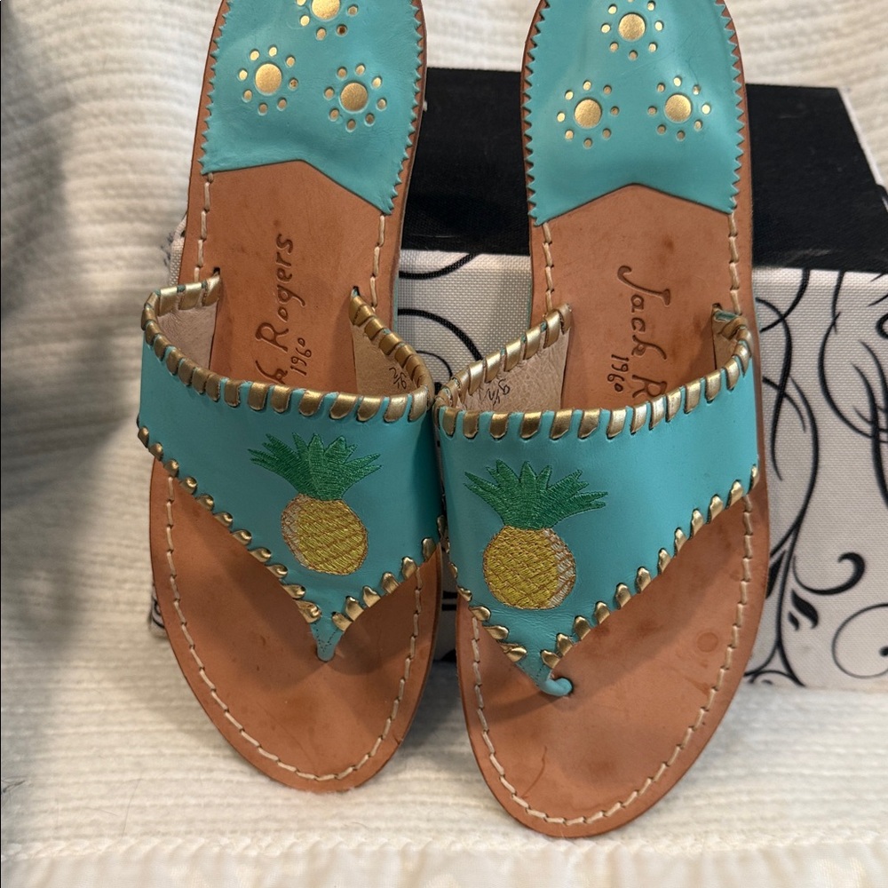 RARE Jack Rogers Pineapple Caribbean Blue w/ Gold Thong Leather Sandals Size 9 - Picture 3 of 8